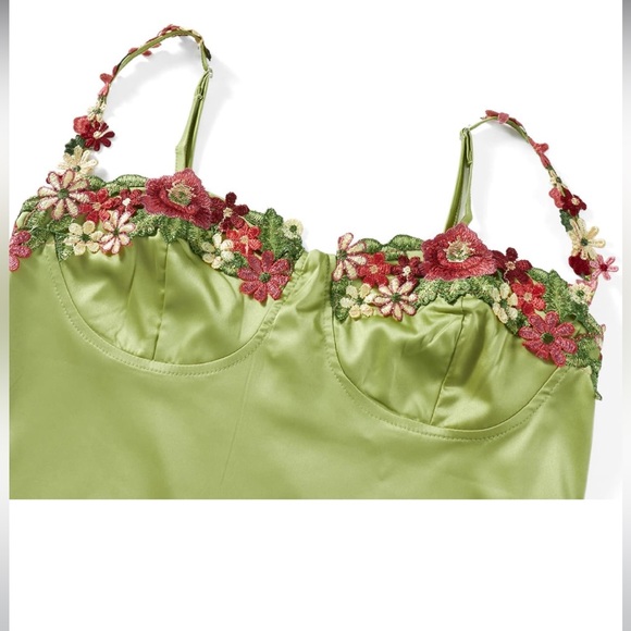 NEW Y2K Spaghetti Strap Floral Embroidered Bodycon Short Spring Dress Green L - Picture 3 of 5